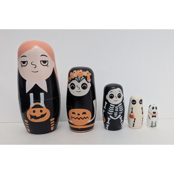Nesting Wooden Halloween Matryoshka Dolls Black Orange Wednesday Addams Skull - Picture 2 of 4